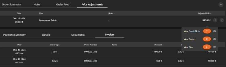Price Adjustment Action Menu